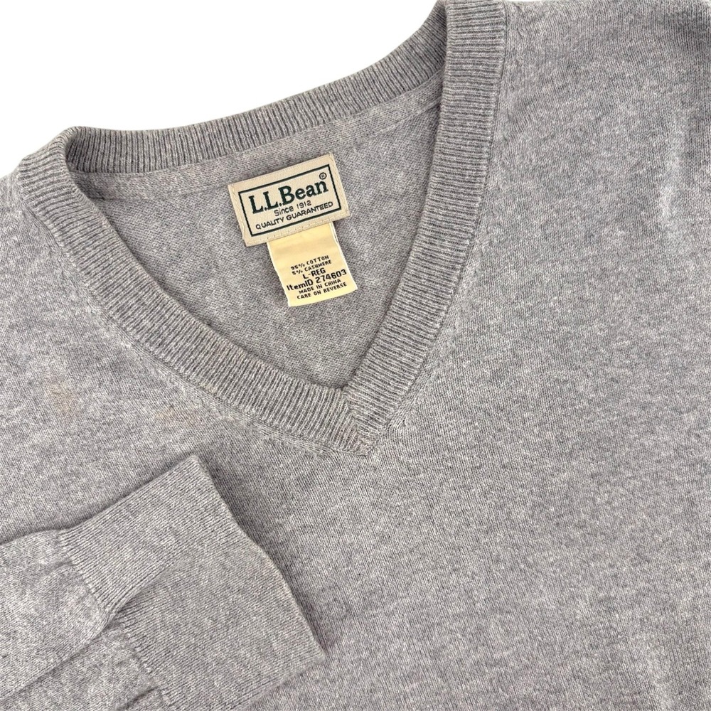 LL Bean Mens Gray Cotton Cashmere V-Neck Sweater Size Large L-REG 274603‎